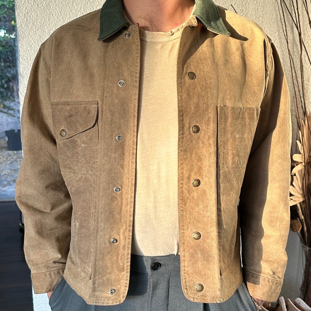 Vintage Filson Tin Cloth Waxed Field Coat Jacket Chore Size M Green Wool Collar